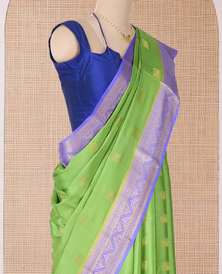 Green zari buttas Mysore silk saree, contrast traditional zari border, and traditional zari designs woven pallu - Image 3