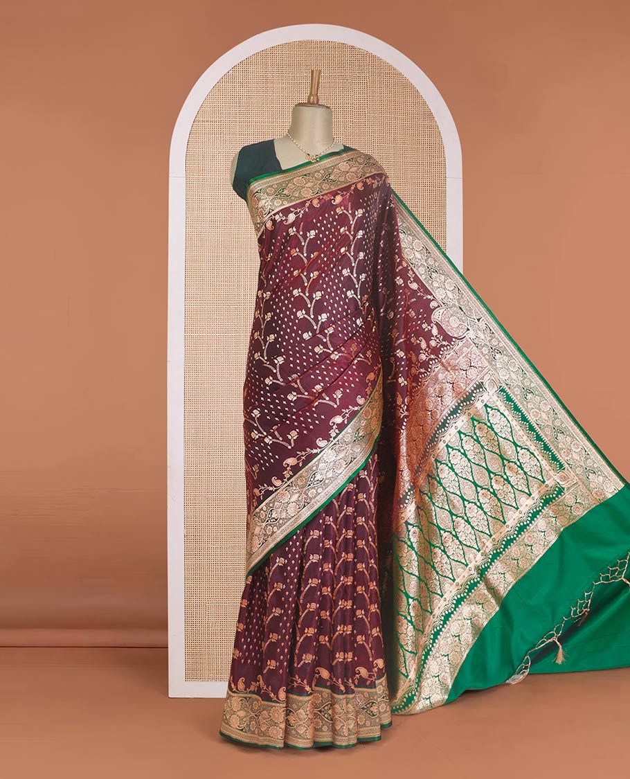Maroon floral vine design with stone work Banaras Satin and Nylon silk saree, contrast floral design zari border, and ogee patterned pallu - Image 2