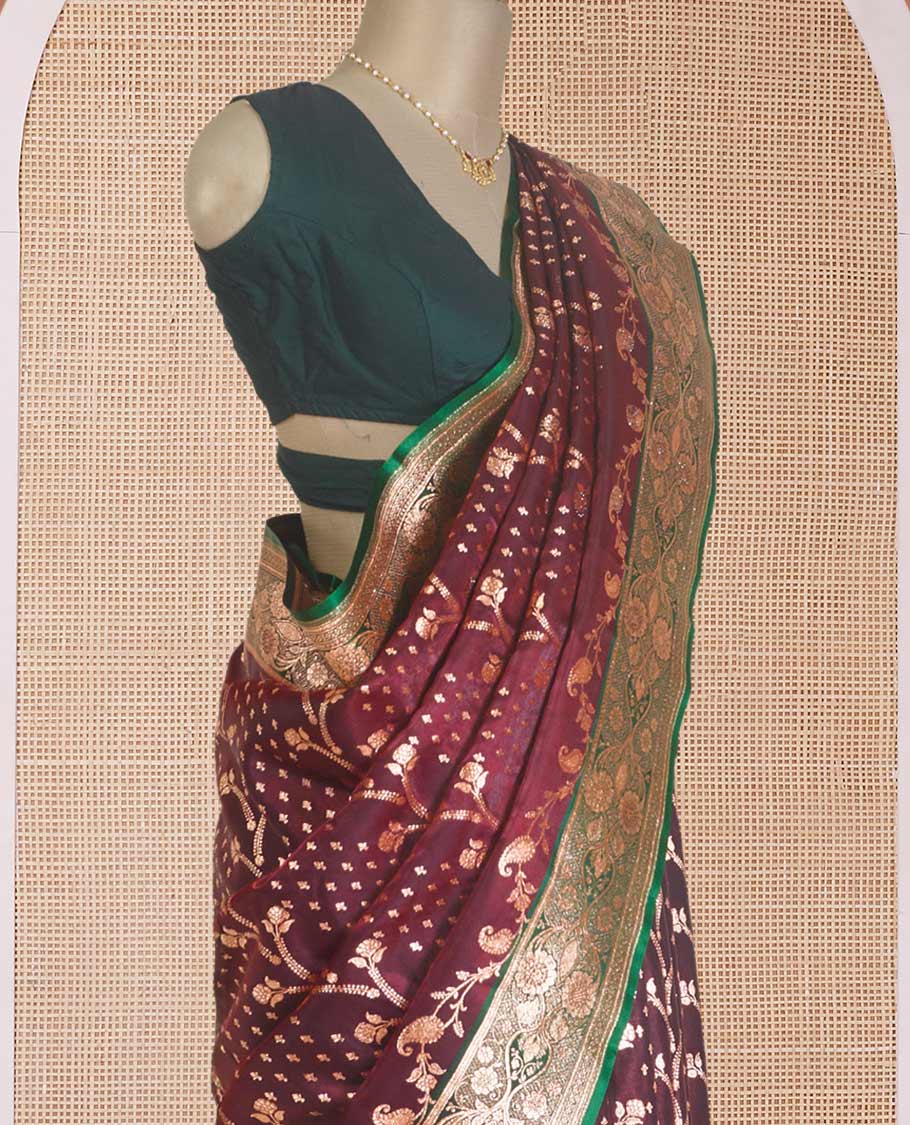 Maroon floral vine design with stone work Banaras Satin and Nylon silk saree, contrast floral design zari border, and ogee patterned pallu - Image 3