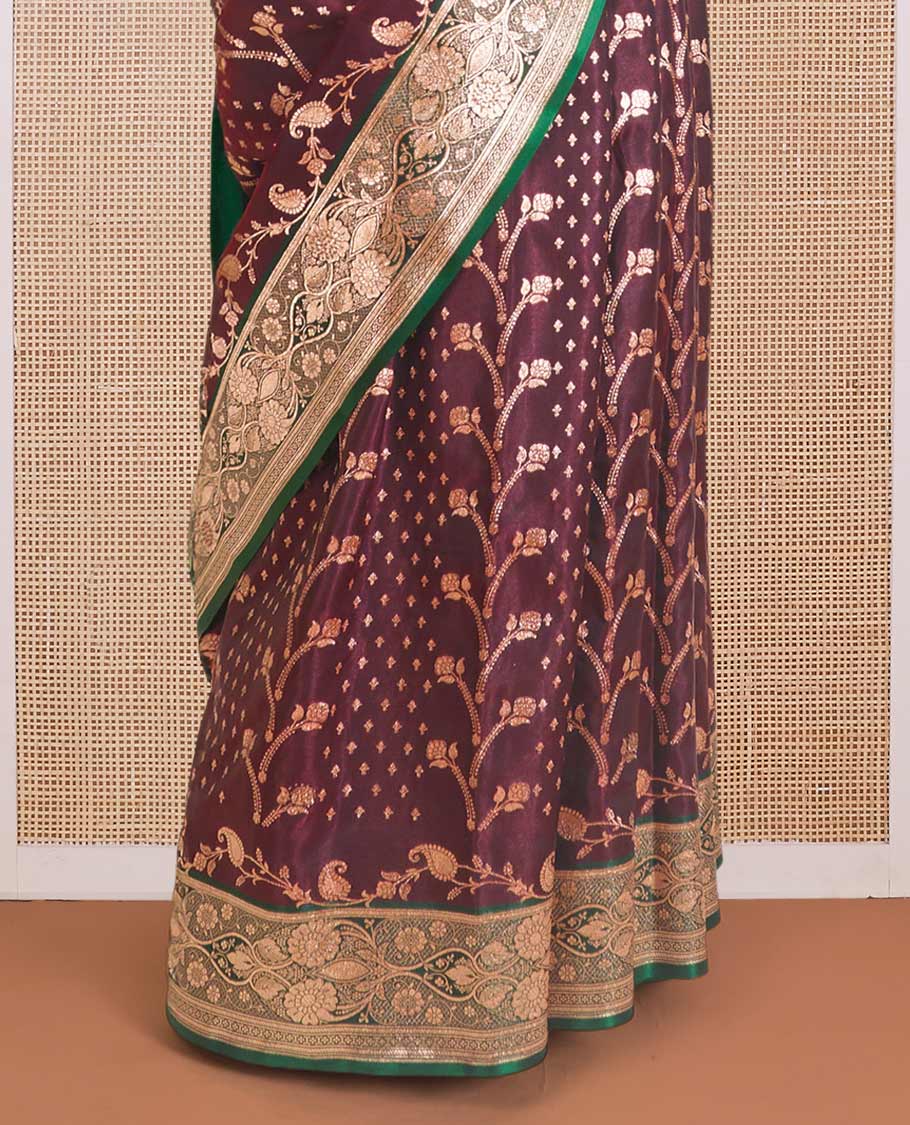 Maroon floral vine design with stone work Banaras Satin and Nylon silk saree, contrast floral design zari border, and ogee patterned pallu - Image 4