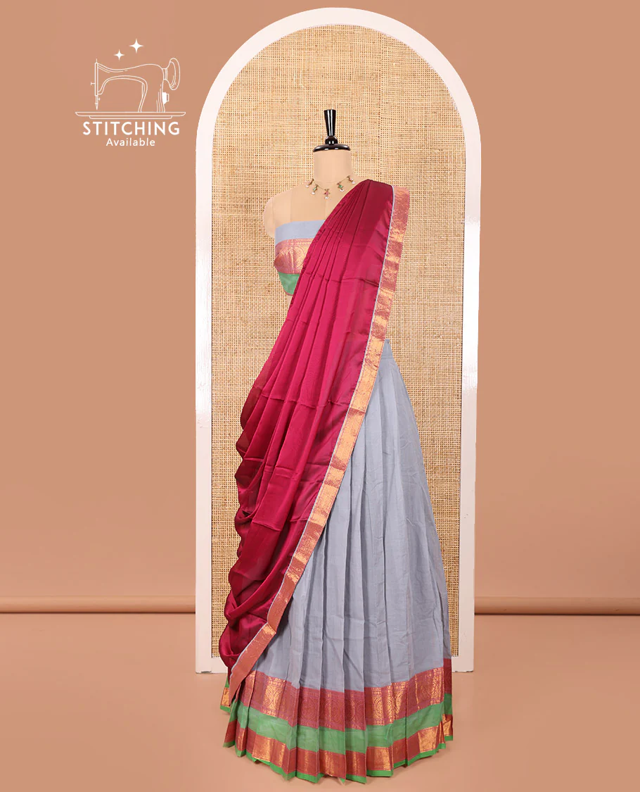 Grey and Rani Chettinad Cotton Half-Saree Featuring Plain Skirt, Adorned with a Contrast Traditional Zari Design Rettai Pettu Border of Peacock Designs, Paired with a Matching Blouse, and Contrast Satin Georgette Dhavani with Zari Border - Image 3