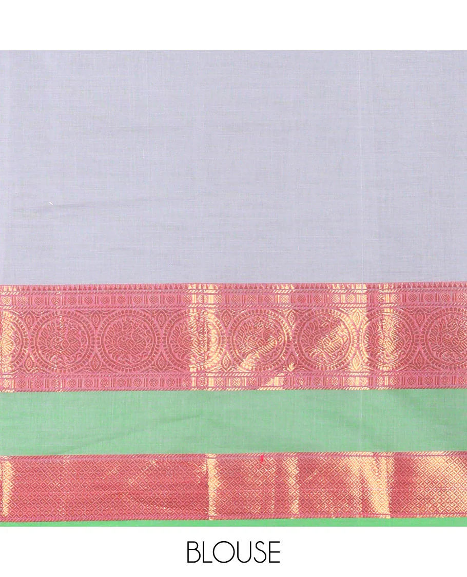 Grey and Rani Chettinad Cotton Half-Saree Featuring Plain Skirt, Adorned with a Contrast Traditional Zari Design Rettai Pettu Border of Peacock Designs, Paired with a Matching Blouse, and Contrast Satin Georgette Dhavani with Zari Border - Image 4