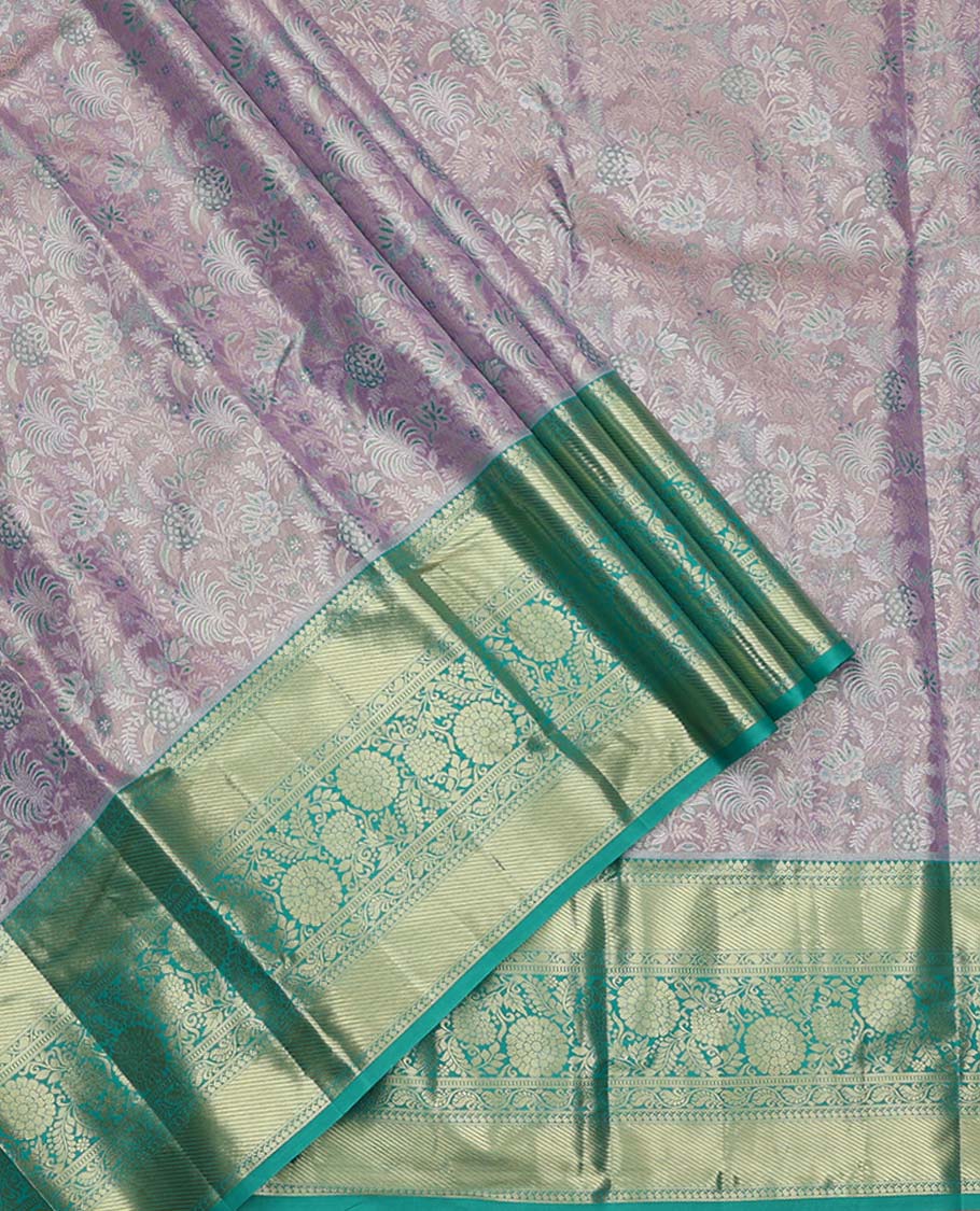 Grey Art Silk Material Half Saree Set, Adorned with Jacquard Design Skirt, a Contrast Traditional Zari Design Border, Contrast Zari-Jacquard Blouse, and a Dhavani of Paisley Designs - Image 2