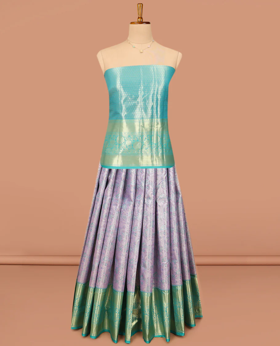 Grey Art Silk Material Half Saree Set, Adorned with Jacquard Design Skirt, a Contrast Traditional Zari Design Border, Contrast Zari-Jacquard Blouse, and a Dhavani of Paisley Designs - Image 3