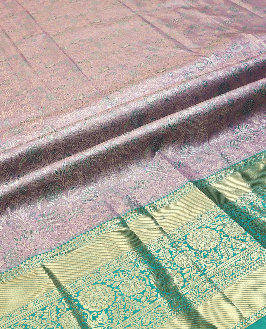 Grey Art Silk Material Half Saree Set, Adorned with Jacquard Design Skirt, a Contrast Traditional Zari Design Border, Contrast Zari-Jacquard Blouse, and a Dhavani of Paisley Designs - Image 5