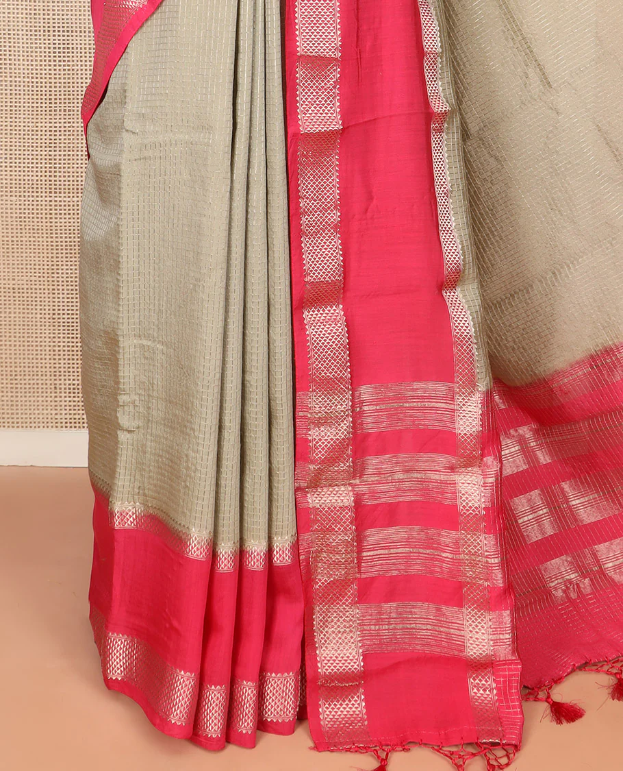 Grey Assam Silk Saree Gleamed Up with Zari Checks, Complemented by Contrast Zari Border of Triangle Motifs, a Gleaming Pallu of Zari Stripes, and Paired with a Contrast Blouse - Image 3