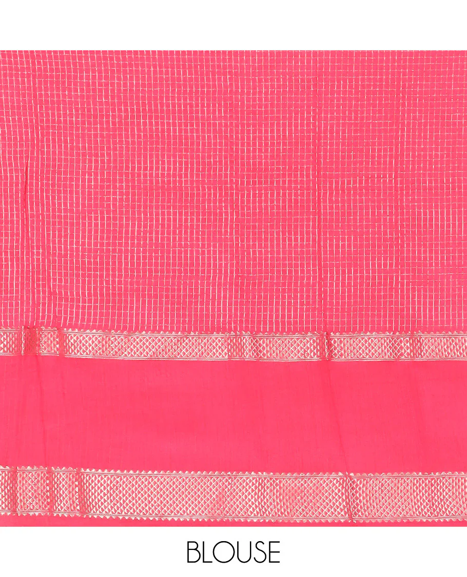 Grey Assam Silk Saree Gleamed Up with Zari Checks, Complemented by Contrast Zari Border of Triangle Motifs, a Gleaming Pallu of Zari Stripes, and Paired with a Contrast Blouse - Image 4