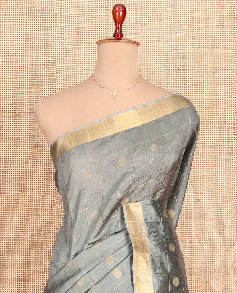 Grey Banana Pith Saree Subtly Sparkled with Polka Dot Buttas Enclosed Checks, Subtle Zari Border, Gleaming Zari Stripes Woven Pallu, and Paired with a Matching Plain Blouse - Image 2