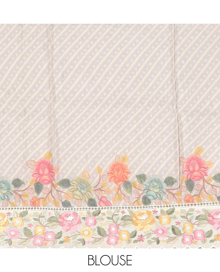 Grey buttas with bandhani and floral printed dola silk saree, contrast floral embroidered scallop border - Image 5