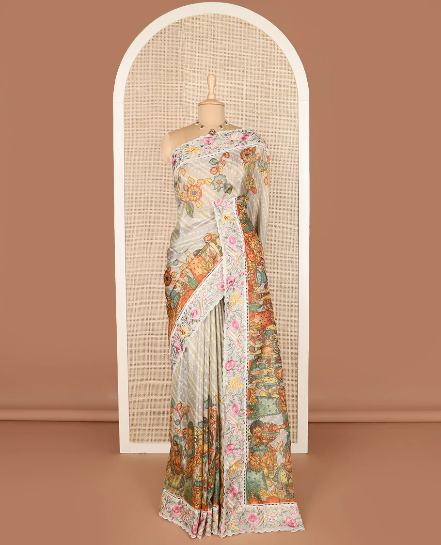 Grey buttas with bandhani and kalamkari floral-human motifs printed dola silk saree, contrast floral embroidered scallop border - Image 2