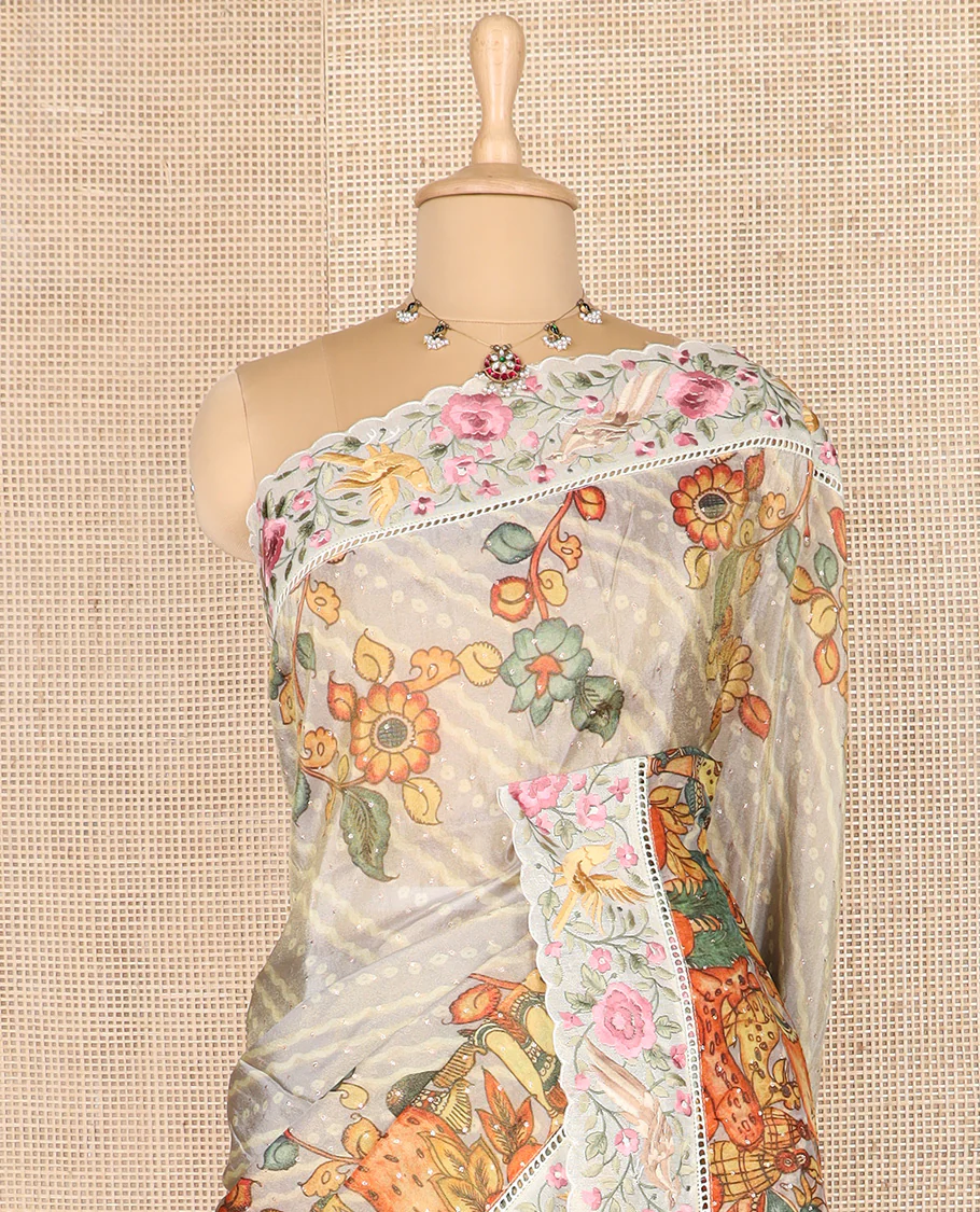 Grey buttas with bandhani and kalamkari floral-human motifs printed dola silk saree, contrast floral embroidered scallop border - Image 3
