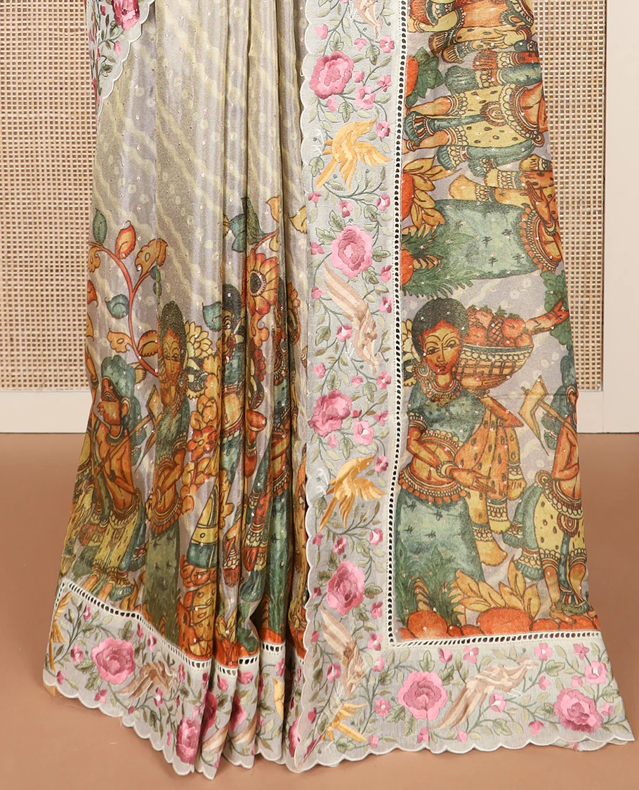 Grey buttas with bandhani and kalamkari floral-human motifs printed dola silk saree, contrast floral embroidered scallop border - Image 4