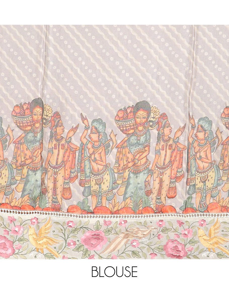 Grey buttas with bandhani and kalamkari floral-human motifs printed dola silk saree, contrast floral embroidered scallop border - Image 5