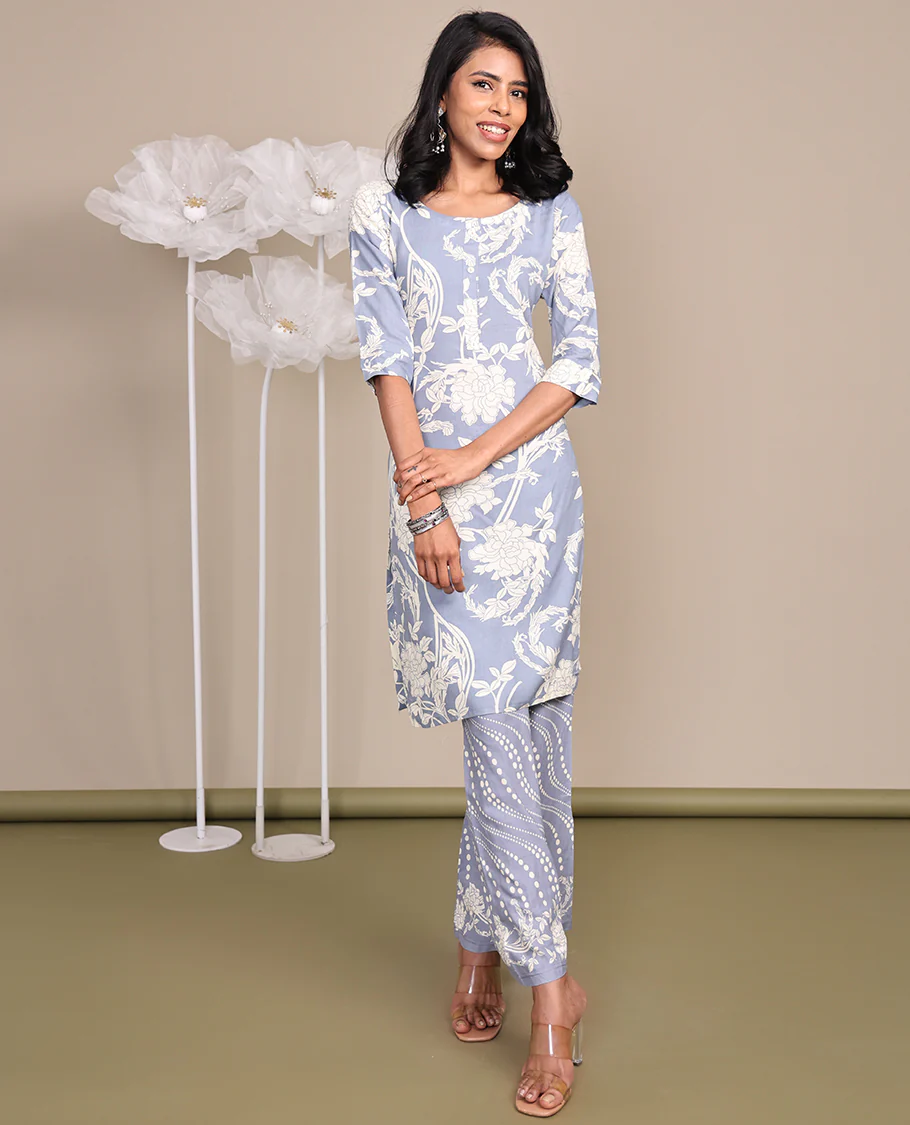 Grey Cotton Ready-Made Suit, Featuring Floral Print, a Round Front Neckline, 3/4 Sleeves, and a Straight-Cut Top, Paired with Geometric Printed Straight-Cut Pants - Image 4