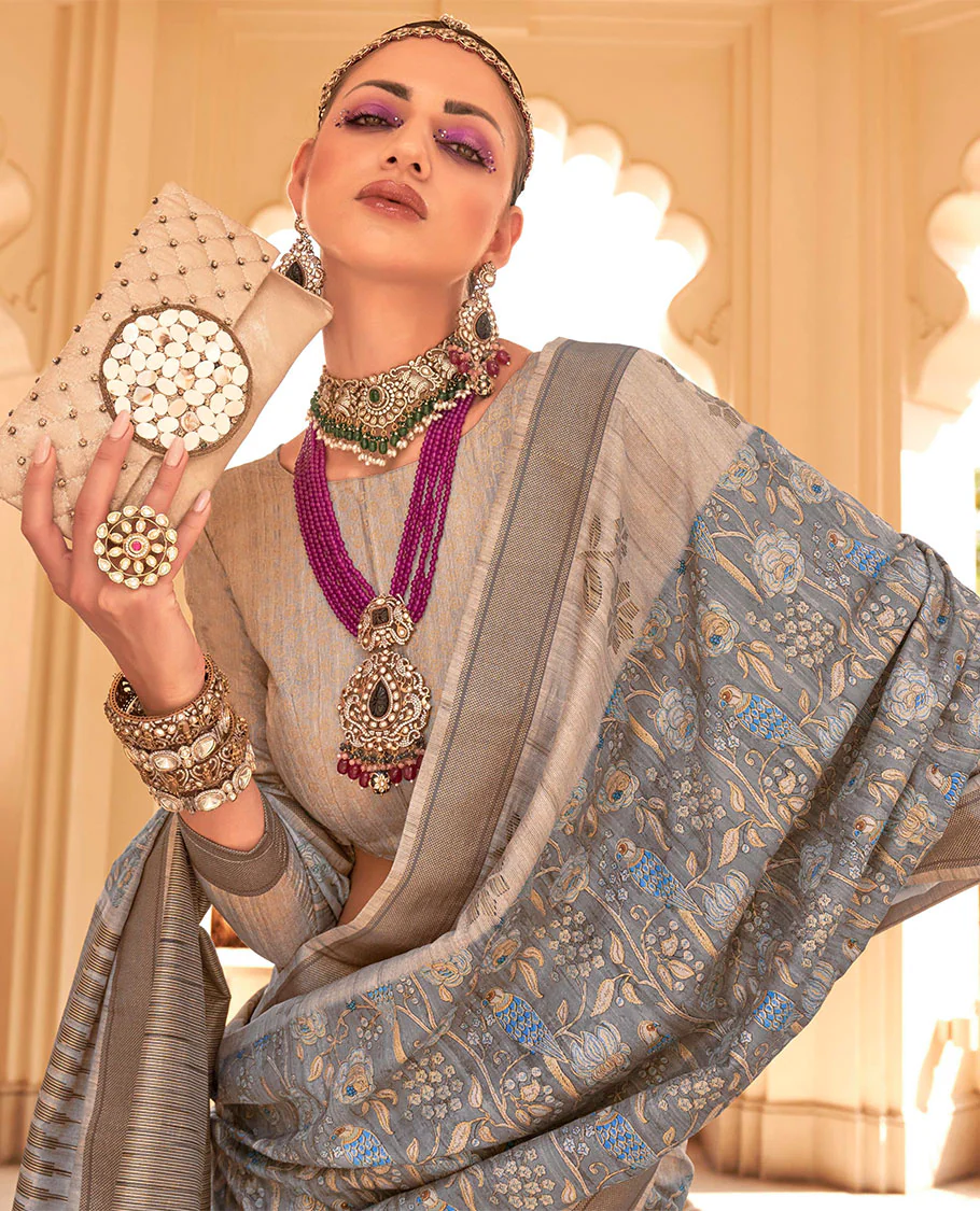 Grey floral and bird printed designer catalog saree, contrast floral motifs border, and pallu of temple design pallu - Image 2