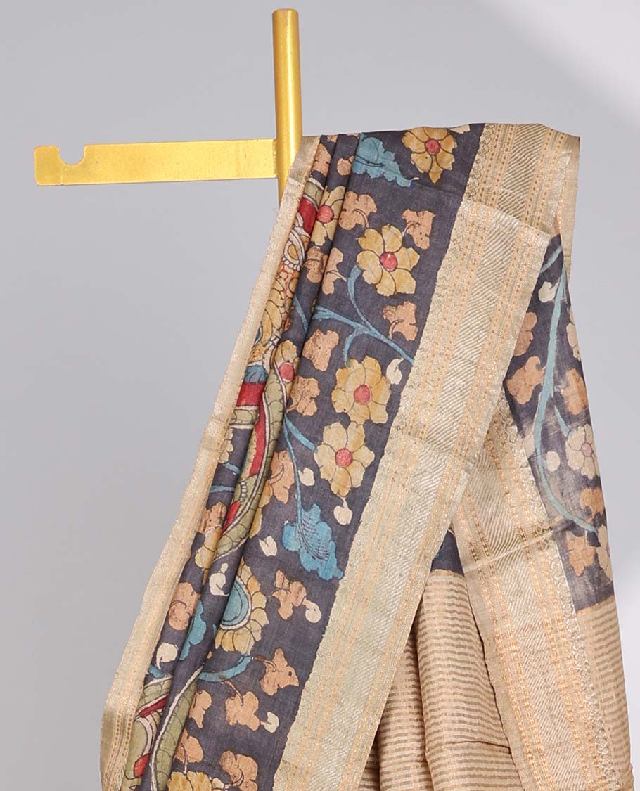 Grey floral, human design handpainted pen kalamkari silk saree with contrast plain border & striped pallu - Image 3