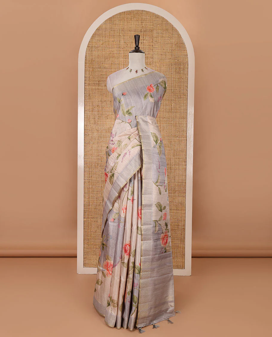 Grey floral-leaf printed fancy tussar silk saree, zari woven border & zari striped pallu & matching stripes & floral printed blouse - Image 2