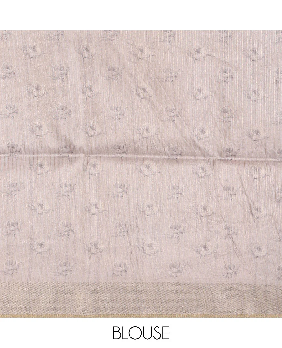 Grey floral-leaf printed fancy tussar silk saree, zari woven border & zari striped pallu & matching stripes & floral printed blouse - Image 4