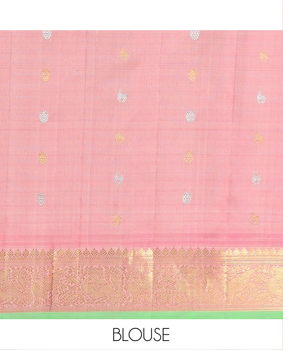 Grey Gadwal Saree Decorated with Buttas and Checks, a Contrasting Border Woven with Traditional Zari Designs, the Pallu Is Complemented by Jaal Design, and a Contrast Blouse - Image 5
