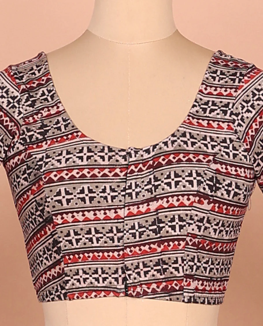 Grey geometric patterns printed front-back round neck full sleeve cotton readymade blouse - Image 2