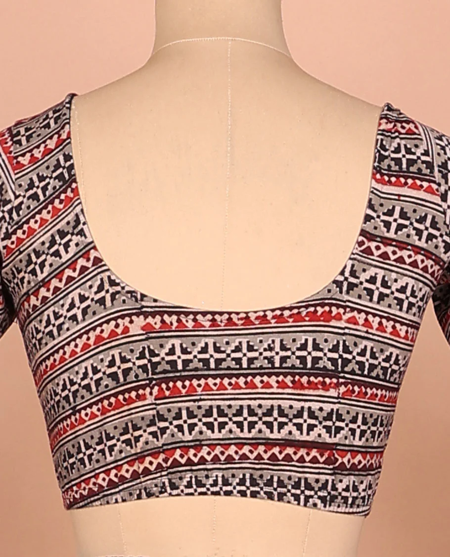 Grey geometric patterns printed front-back round neck full sleeve cotton readymade blouse - Image 4