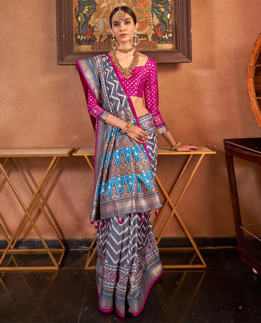 Grey ikkat chevron striped designer catalog saree, zari border and ikkat geometric patterned pallu