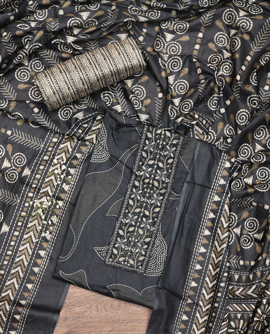 Grey Material Chudidar Set, Detailed with Abstract Print and Neck Embroidered Cotton Top, a Printed Cotton Bottom, and Paired with a Ikkat-Style Geometric Printed Cotton Dupatta