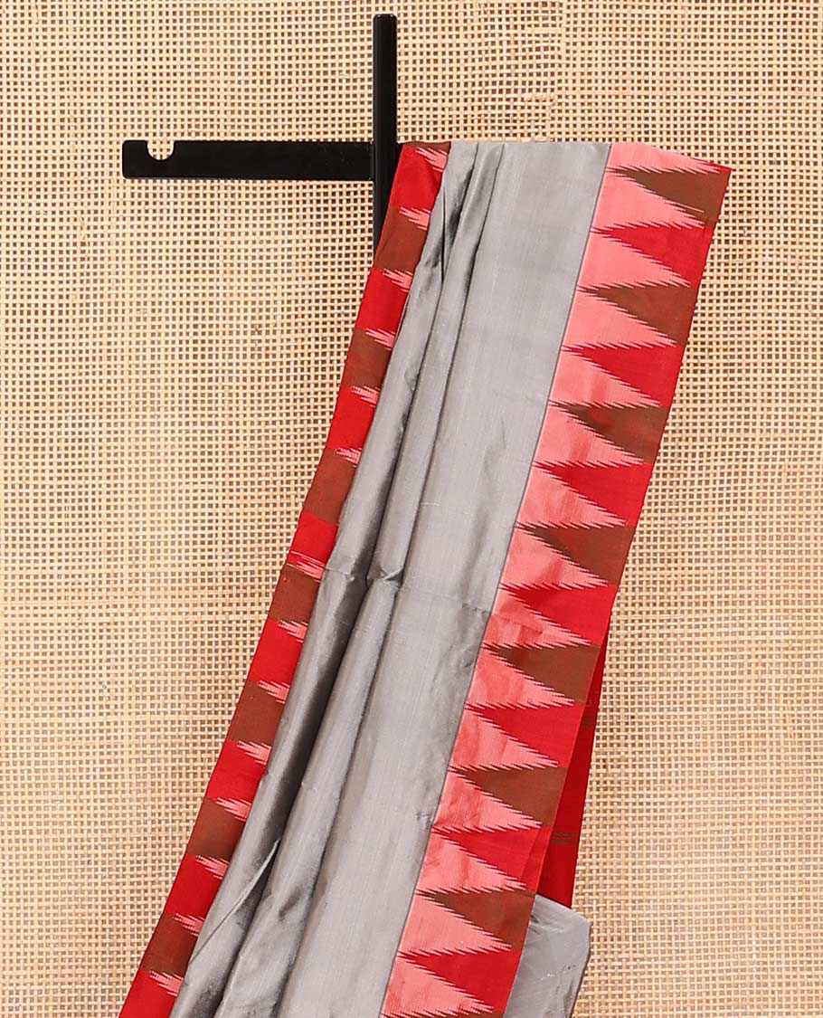 Grey plain Bangalore silk saree, contrast temple border, and striped pallu - Image 3