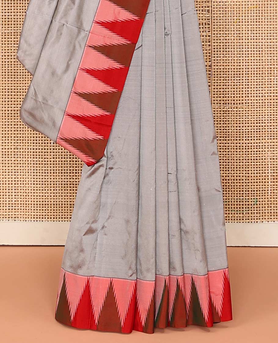 Grey plain Bangalore silk saree, contrast temple border, and striped pallu - Image 4