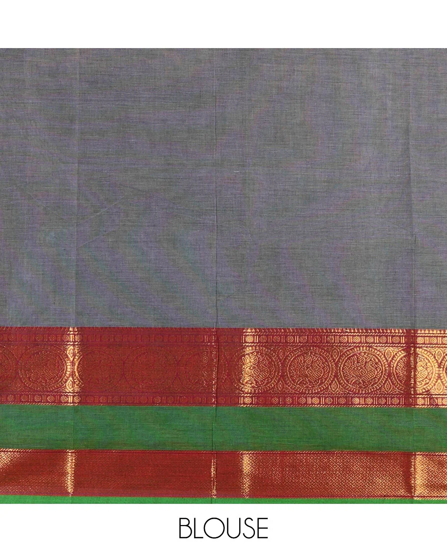 Grey plain Chettinad cotton saree, contrast traditional zari rettai pettu border, striped pallu, and a matching blouse - Image 3