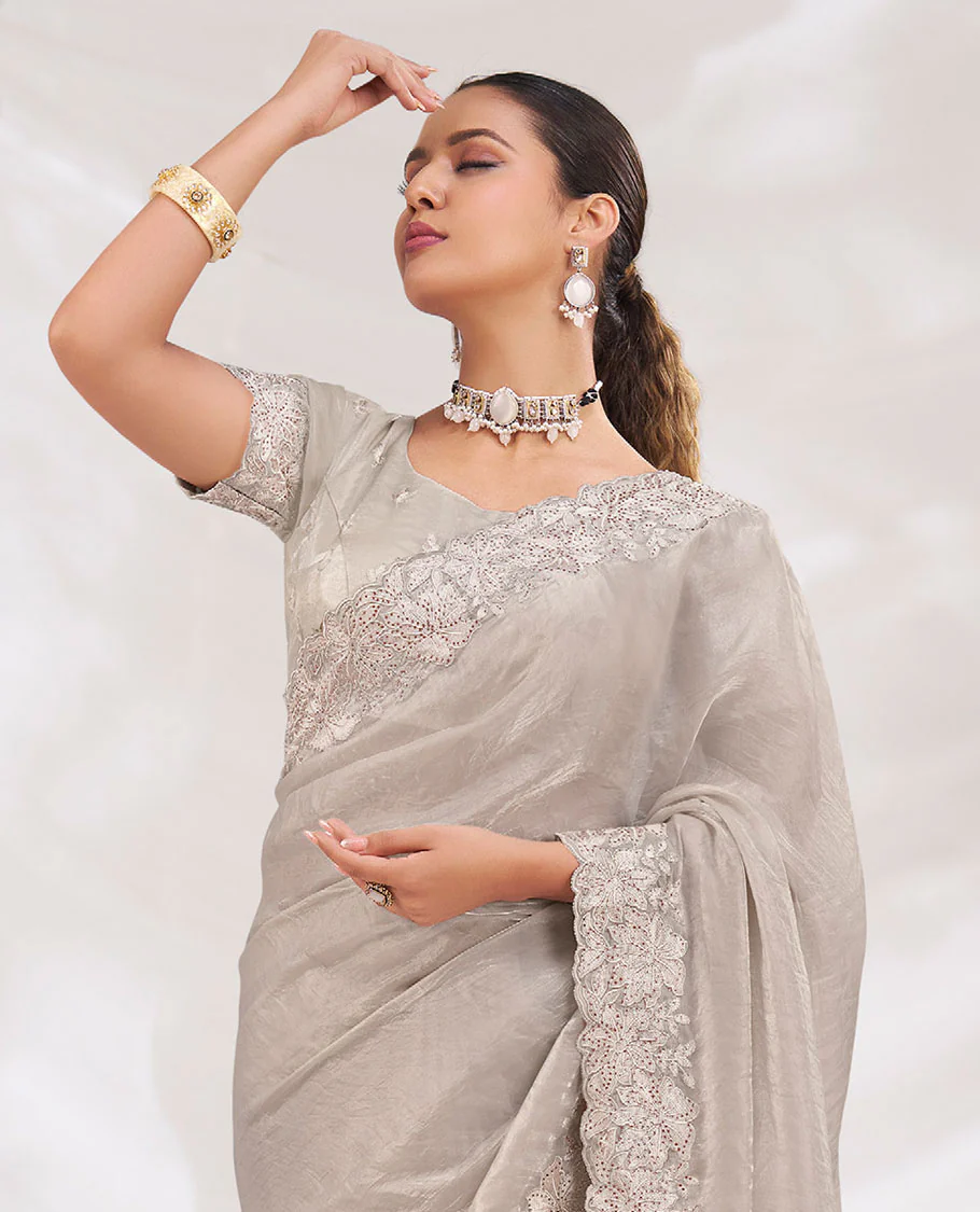 Grey Plain Designer Saree Enlivened with Floral Embroidered Borders All Over the Edges, Complemented by an Intricately Embroidered Blouse - Image 2