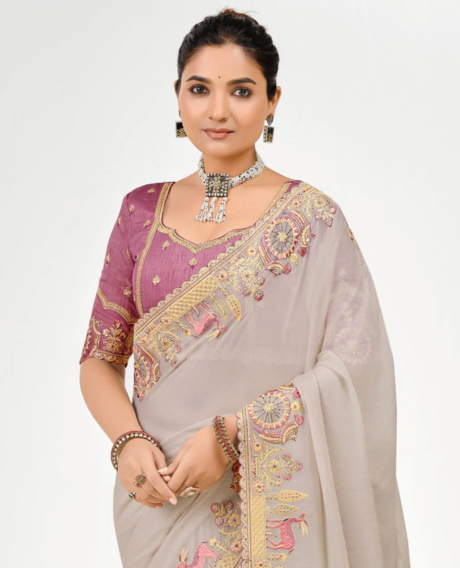 Grey Plain Designer Saree, Scallop Embroidered Border of Bird-Deer Motifs, Self-Pallu, and a Contrast Embroidered Blouse - Image 2