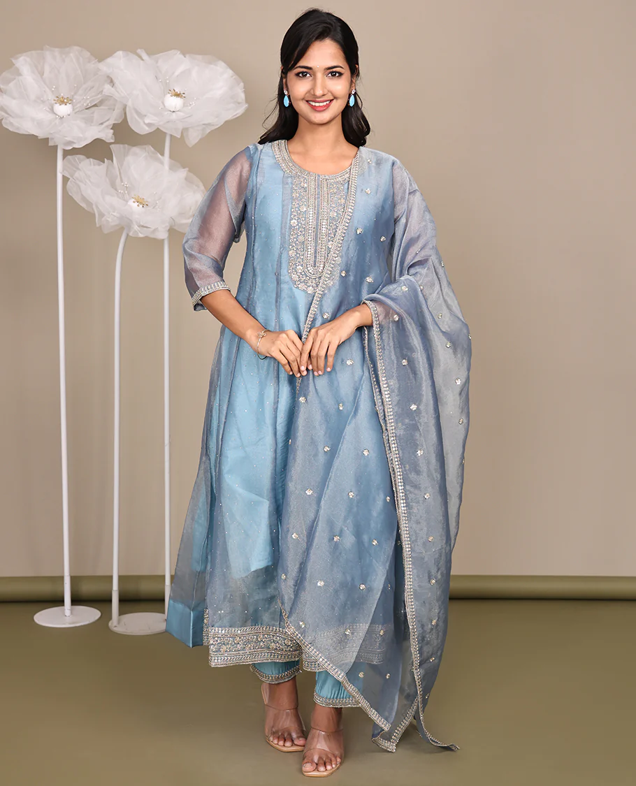 Grey Ready-Made Tissue Suit, Gleamed Up with Stonework, Embroidery, a Round Neckline, 3/4 Sleeves, and an A-Line Top, Paired with Straight-Cut Pants and an Embroidered Dupatta - Image 3