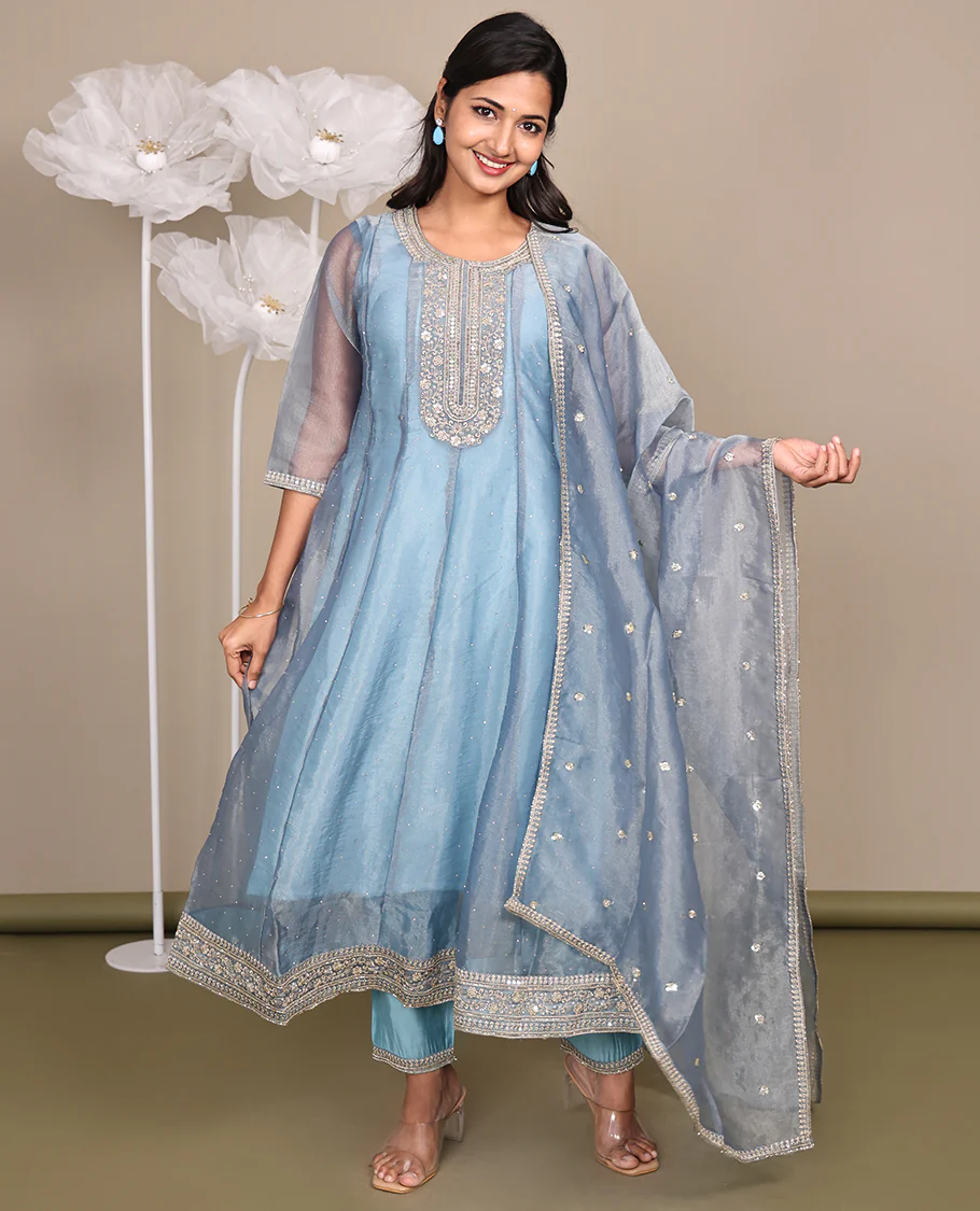 Grey Ready-Made Tissue Suit, Gleamed Up with Stonework, Embroidery, a Round Neckline, 3/4 Sleeves, and an A-Line Top, Paired with Straight-Cut Pants and an Embroidered Dupatta - Image 4