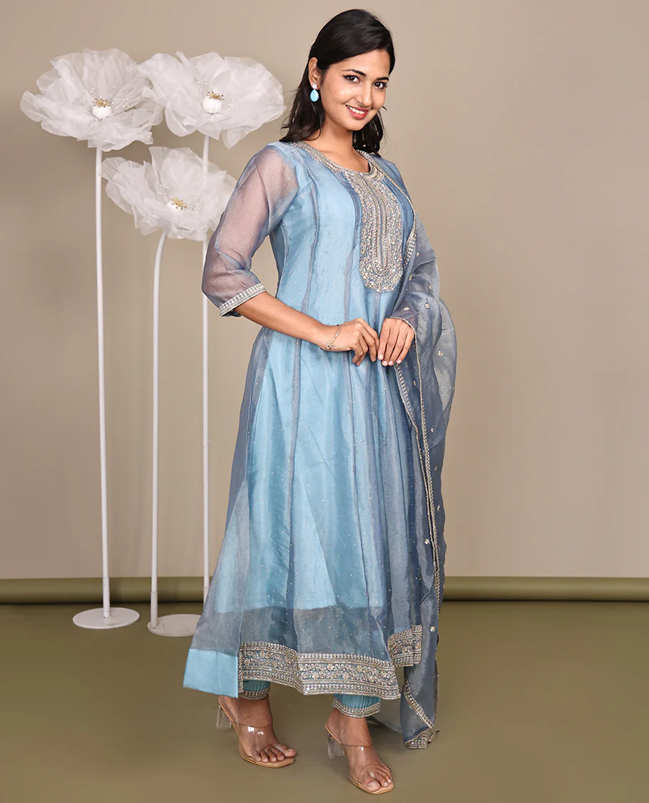 Grey Ready-Made Tissue Suit, Gleamed Up with Stonework, Embroidery, a Round Neckline, 3/4 Sleeves, and an A-Line Top, Paired with Straight-Cut Pants and an Embroidered Dupatta - Image 5