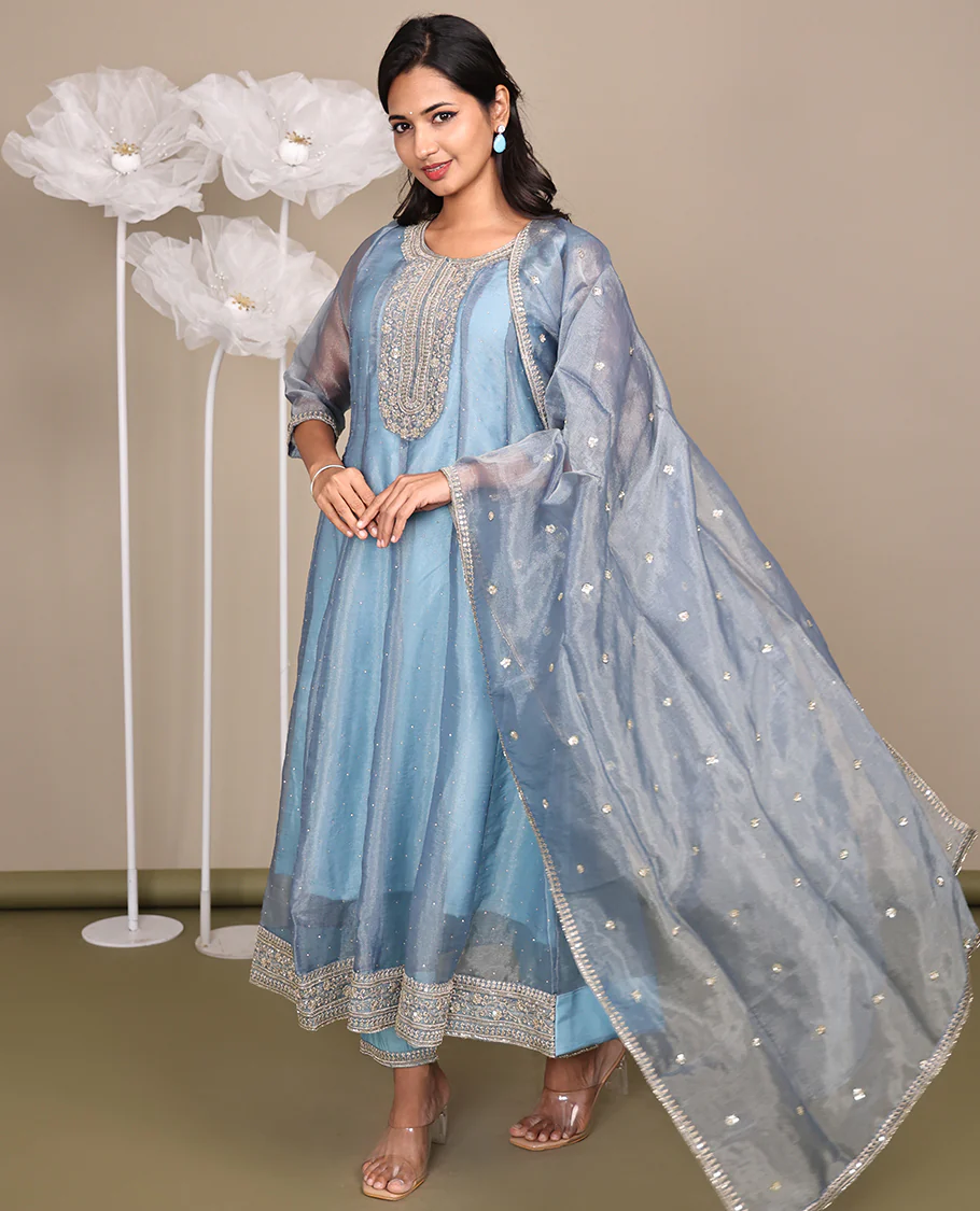 Grey Ready-Made Tissue Suit, Gleamed Up with Stonework, Embroidery, a Round Neckline, 3/4 Sleeves, and an A-Line Top, Paired with Straight-Cut Pants and an Embroidered Dupatta - Image 6
