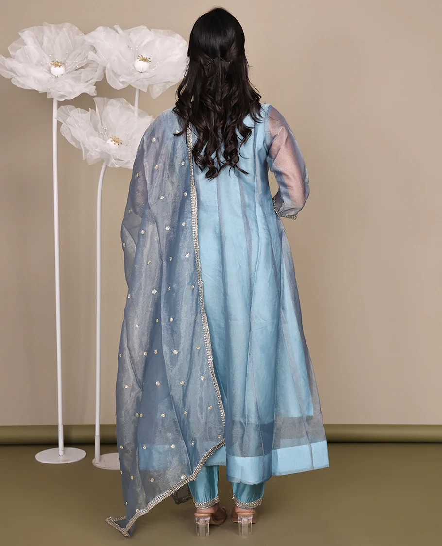 Grey Ready-Made Tissue Suit, Gleamed Up with Stonework, Embroidery, a Round Neckline, 3/4 Sleeves, and an A-Line Top, Paired with Straight-Cut Pants and an Embroidered Dupatta - Image 7