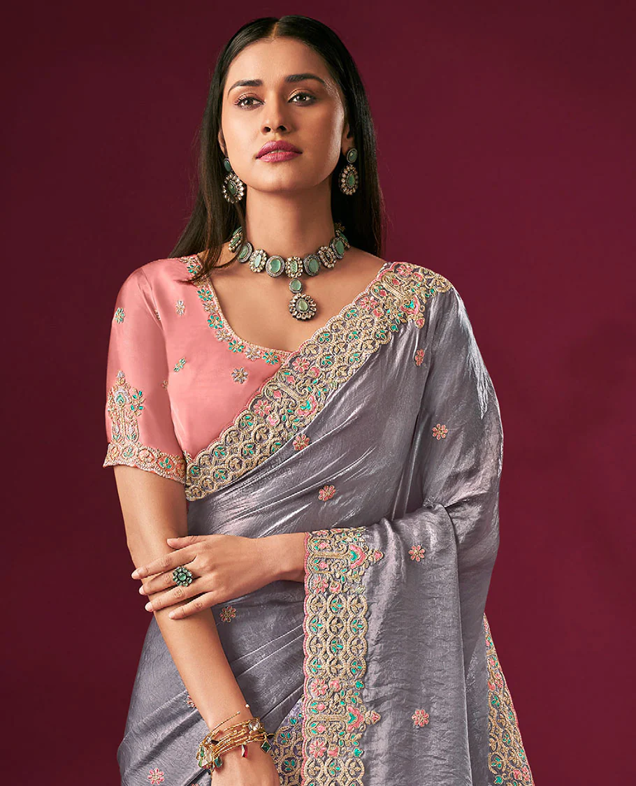 Grey Seven-Petal Flowers Embroidered Designer Saree with Embroidered Scallop Borders, Embroidered Pallu, and a Contrast Embroidered Blouse - Image 2