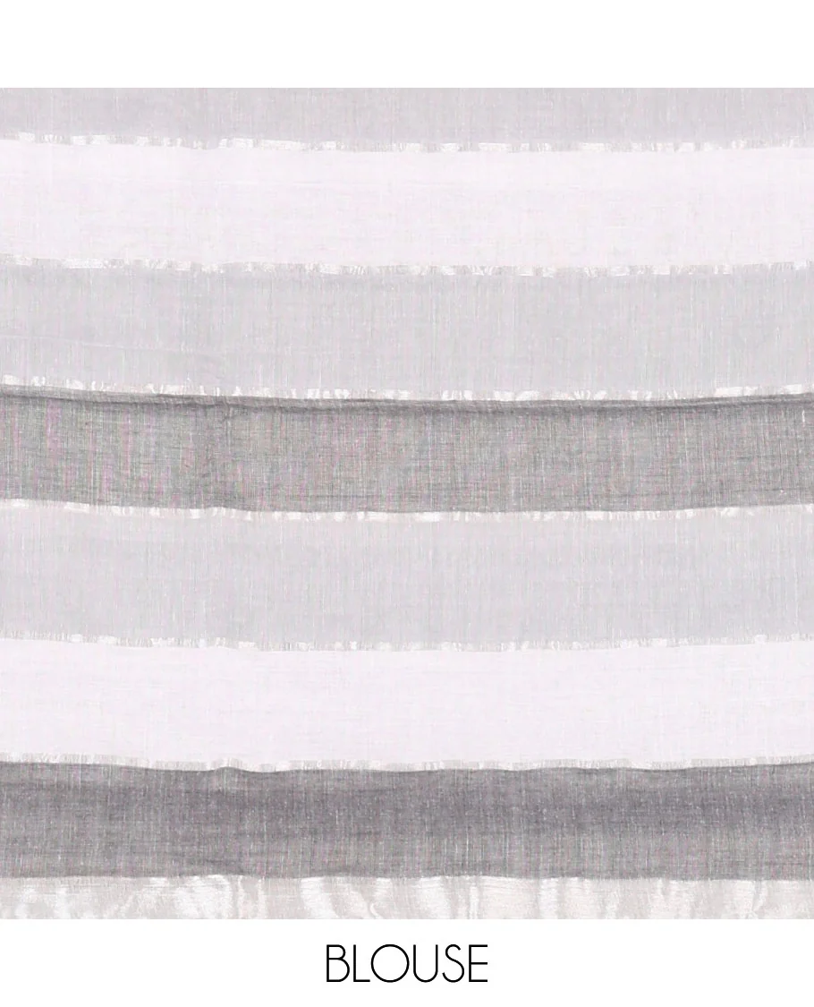 Grey-shaded striped khadi cotton saree, zari piping border, multi-color tassels pallu & colorful striped blouse - Image 3
