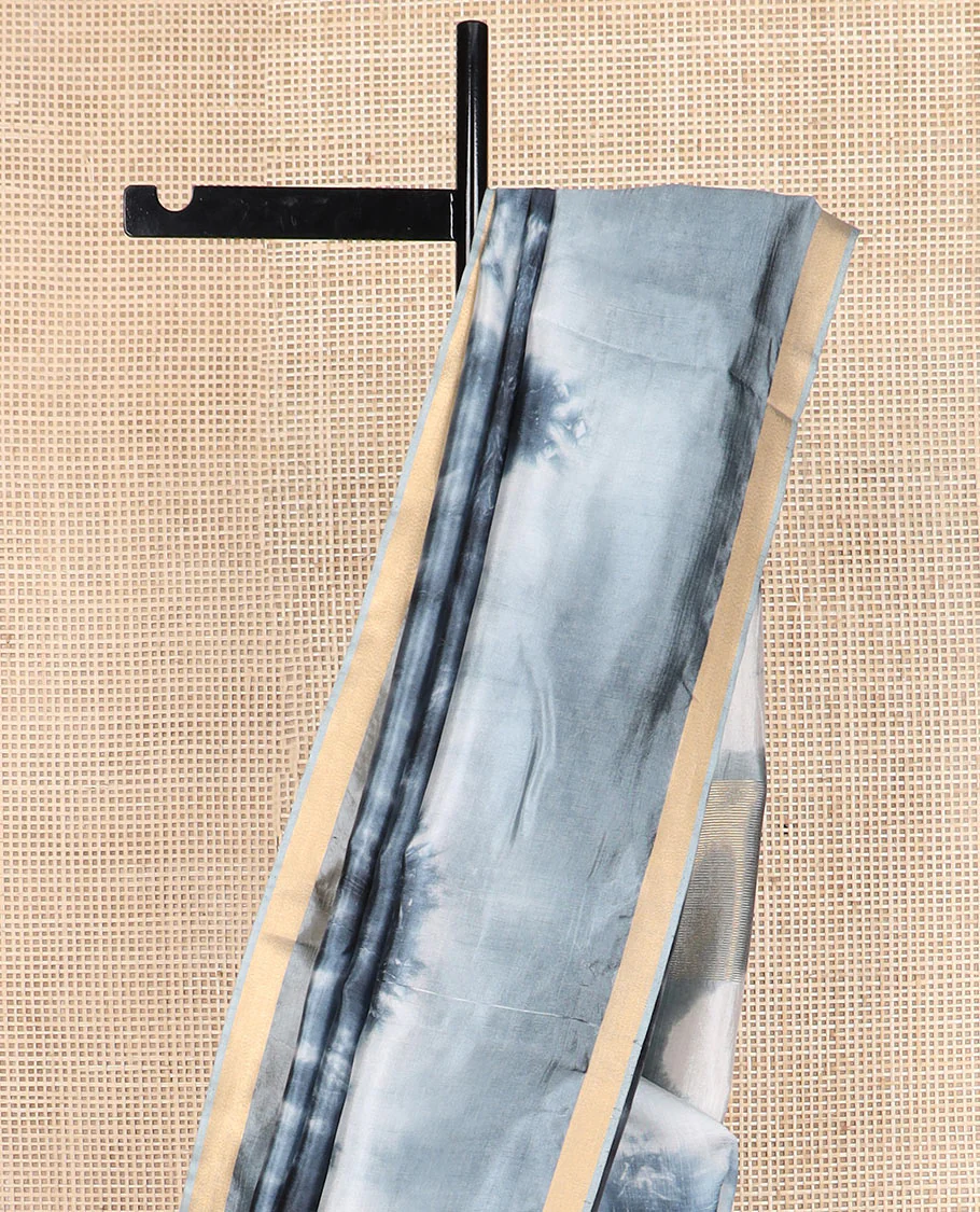 Grey shibori printed banana pith saree, piping border, and shibori printed pallu - Image 3