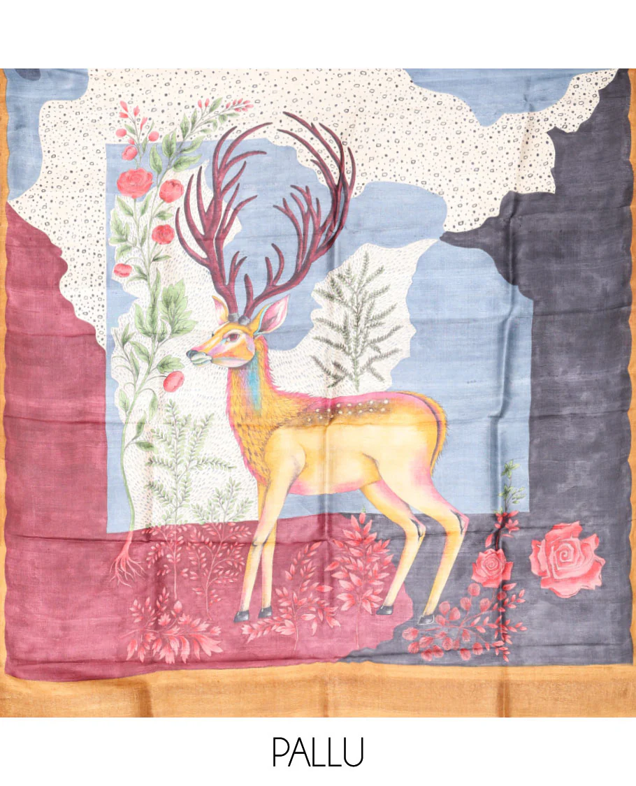 Grey Tussar Saree Printed with Pebble Motifs, Featuring a Contrast Piping Plain Border, with the Pallu and Blouse picturing a Realistic Big Deer Motif Print - Image 2