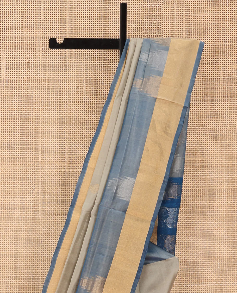 Grey Uppada Silk Saree Featuring Zari Buttas, Contrast Sparsely Woven Temple Border, Pallu Decked Up with Floral-Geometric Designs, and Paired with a Contrast Blouse - Image 3