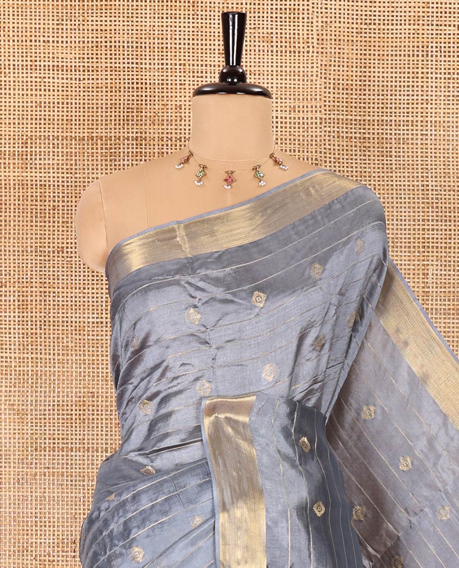 Grey zari buttas and striped banana pith saree, bavanji border, zari striped pallu, and a matching blouse - Image 2