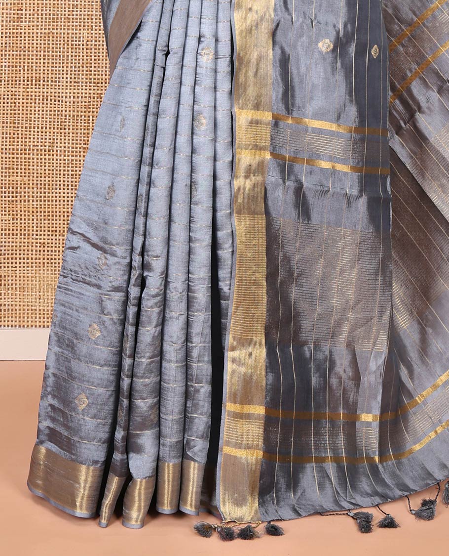 Grey zari buttas and striped banana pith saree, bavanji border, zari striped pallu, and a matching blouse - Image 3