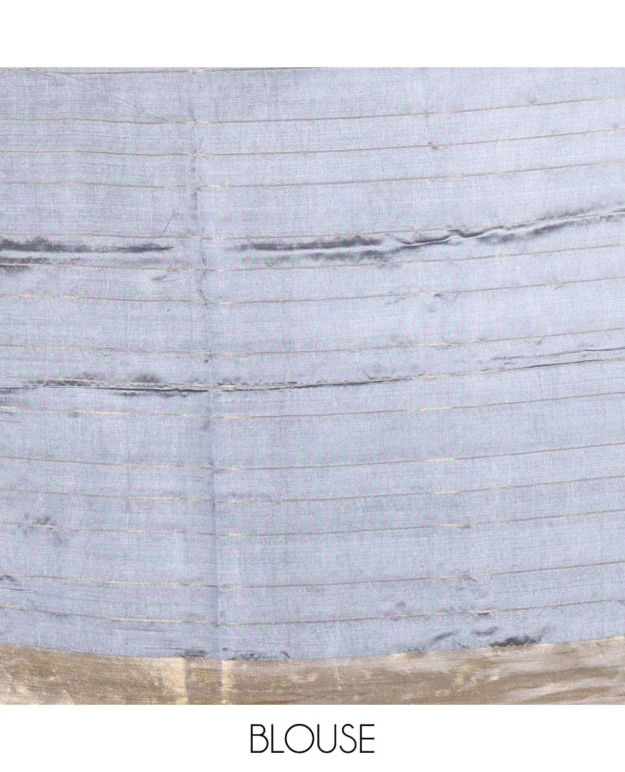 Grey zari buttas and striped banana pith saree, bavanji border, zari striped pallu, and a matching blouse - Image 4