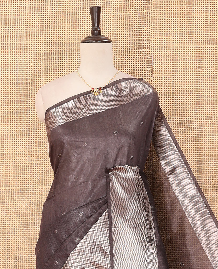 Grey zari buttas dupion saree, chevron striped border, and striped pallu - Image 2