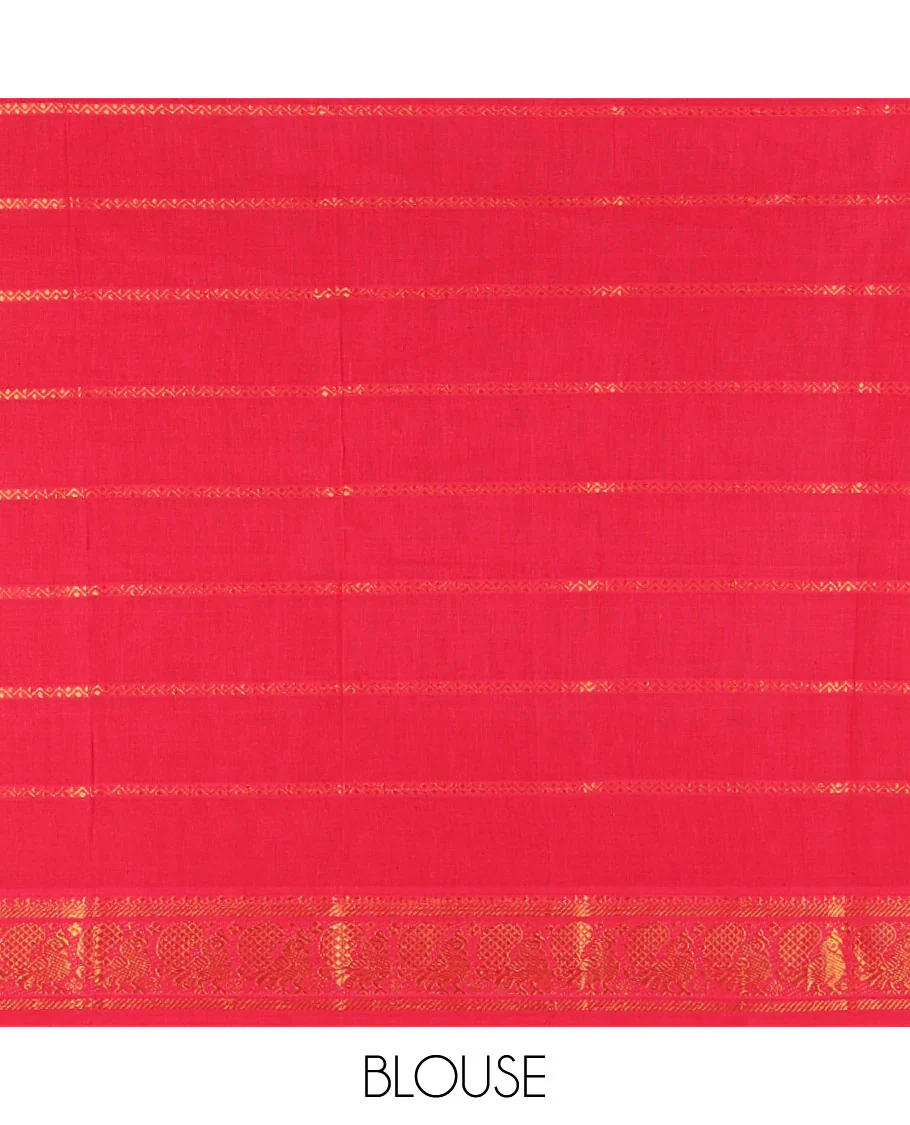 Half-white and rani pink Veldhari striped Sungudi cotton saree, contrast traditional border of peacock buttas, zari striped pallu, and a contrast blouse - Image 3