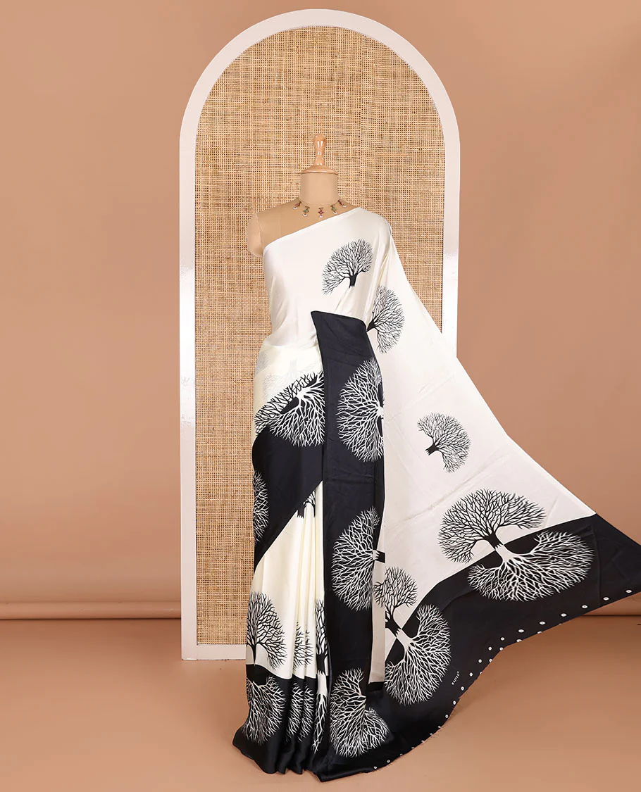 Half-white tree motifs digitally printed Gajji silk saree with contrast printed border of upside down tree motifs, and contrast printed blouse