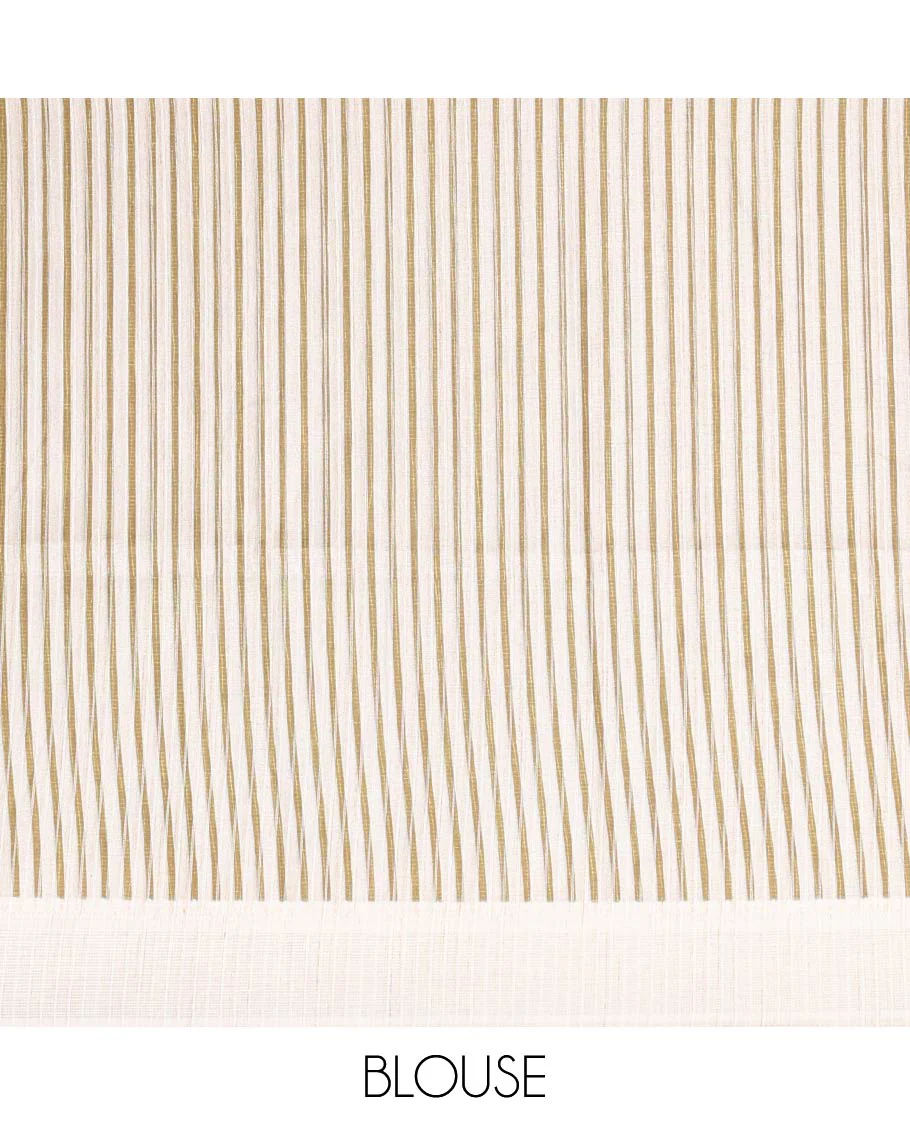 Half-white unique size and shaped leaf motifs printed fancy tussar saree, resham thread woven border, leaf motifs printed pallu, and a matching striped blouse - Image 3