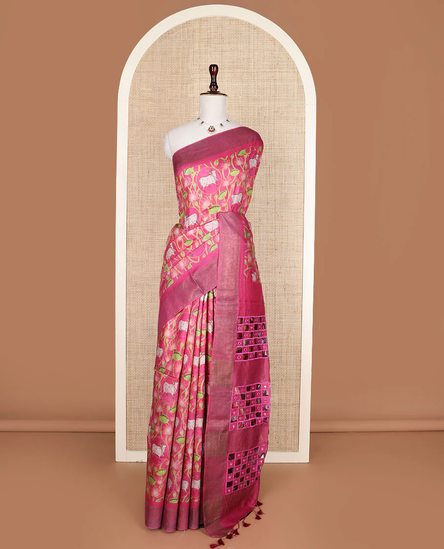 Hot pink Pichwai Lotus and cow digital printed tussar silk saree, zari border, and checked pallu - Image 3